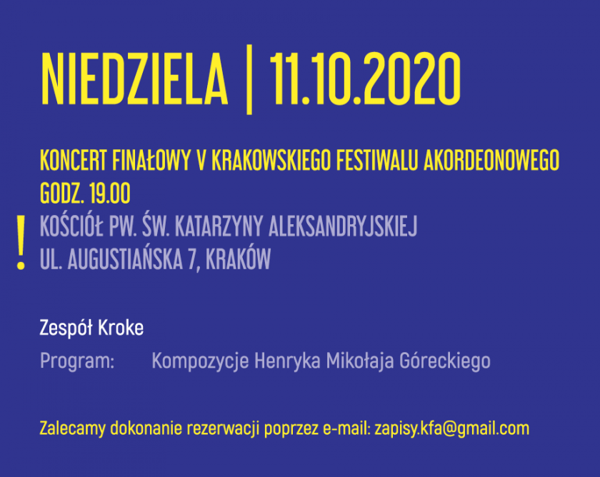 Zmiana lokalizacji koncertu Finałowego V Krakowskiego Festiwalu Akordeonowego
