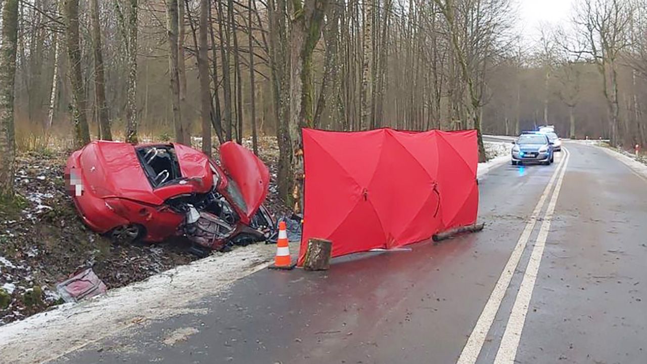 Kierująca peugeotem 47-letnia kobieta na łuku drogi straciła panowanie na pojazdem (fot. KMP Elbląg)