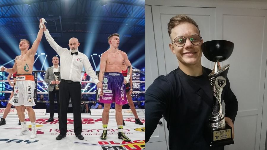 Pięściarz z Gostynia wygrał w zawodowym debiucie. Nagrodę przekazał na licytację (fot. Tymex Boxing/Facebook)