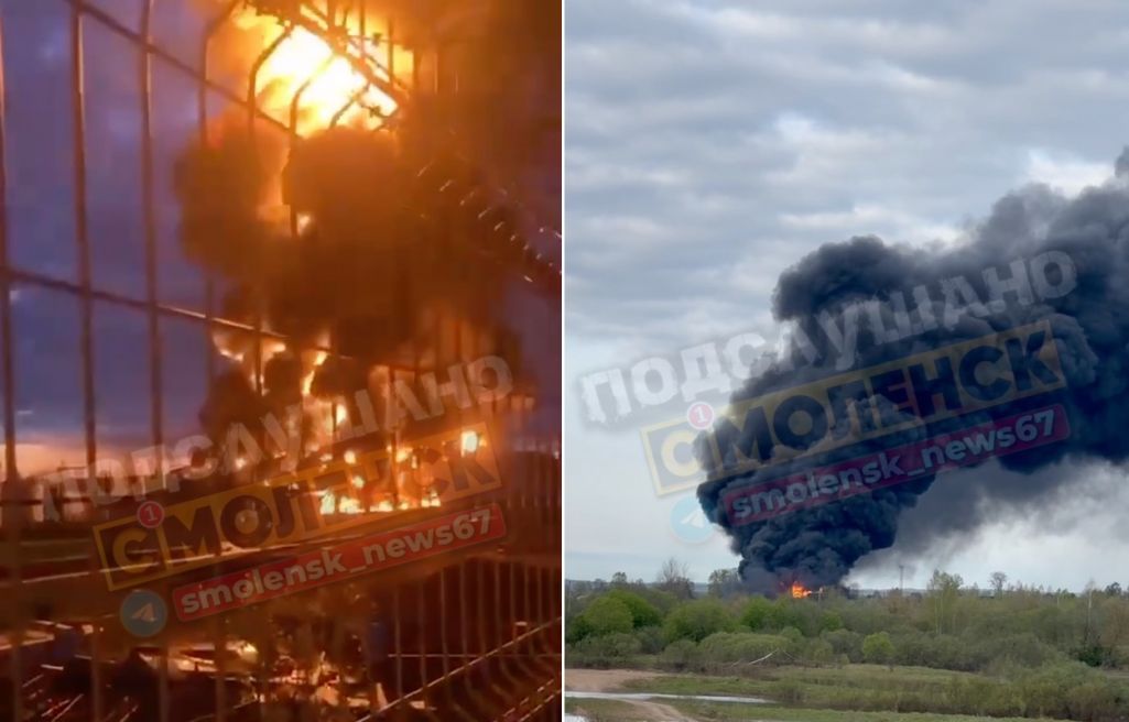 Як паведамляе тэлеграм-канал «Подслушано Смоленск», гарыць нафтабаза пасля атакі дронаў 24 сакавіка. (Калаж: «Белсат»)