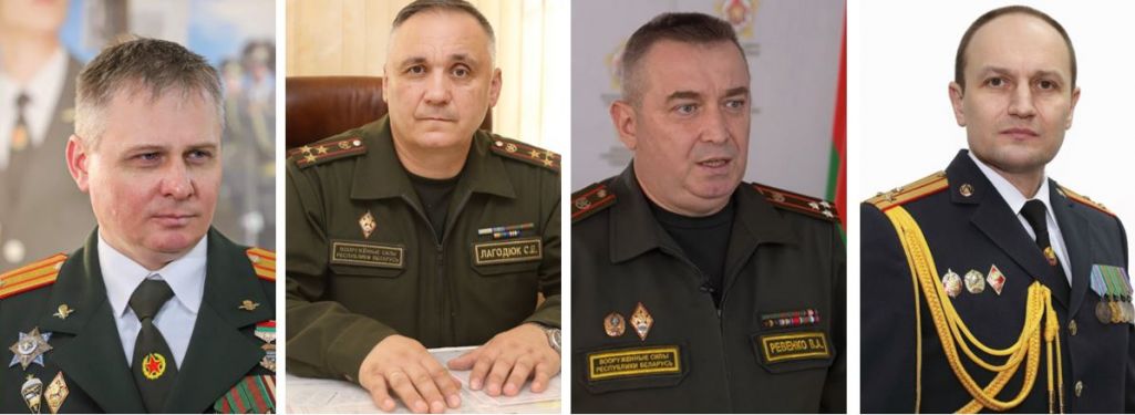 Званні генерал-маёраў атрымалі Уладзімір Белы, Сяргей Лагадзюк, Валерый Равенка, Андрэй Паршын. Калаж з фота: grodnonews.by / mil.by / скрыншот СТВ / mvd.gov.by
