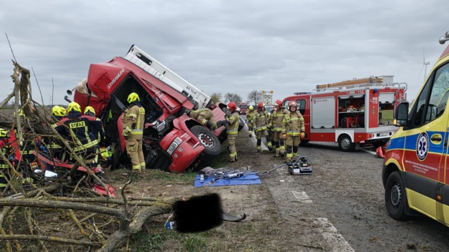 Oborniki: wypadek na DK11, ciężarówka uderzyła w drzewo (fot. OSP Rogoźno)