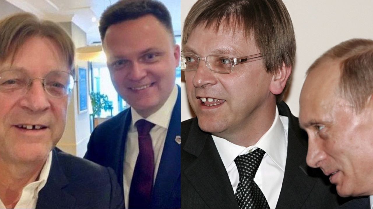 Guy Verhofstadt, Szymon Hołownia, Władimir Putin (fot. PAP/EPA/IVAN SEKRETAREV, FB/Guy Verhofstadt)
