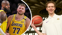 Bronisław Wawrzyńczuk (z prawej) jest skautem Los Angeles Lakers, którego barw bronią LeBron James i Luka Doncić (fot. Oleksandr Poliakovsky) Z prawej strony zdjęcia Bronisław Wawrzyńczuk, polski skaut Los Angeles Lakers, który trzyma piłkę do koszykówki. Z lewej strony koszykarze – LeBron James i Luka Doncić