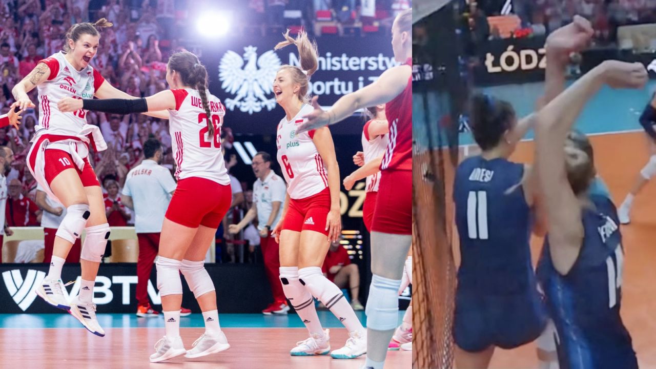 Siatkarki reprezentacji Polski i kadr z kluczowej akcji 2. seta (fot. Getty/TVP Sport)
