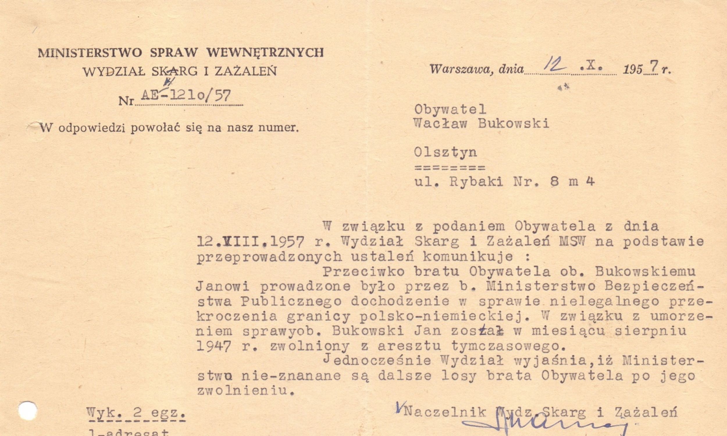 Pismo Ministerstwa Spraw Wewnętrznych do Wacława Bukowskiego o aresztowaniu i zwolnieniu brata Jana 12 października 1957. Fot. Archiwum rodzinne Bukowskich