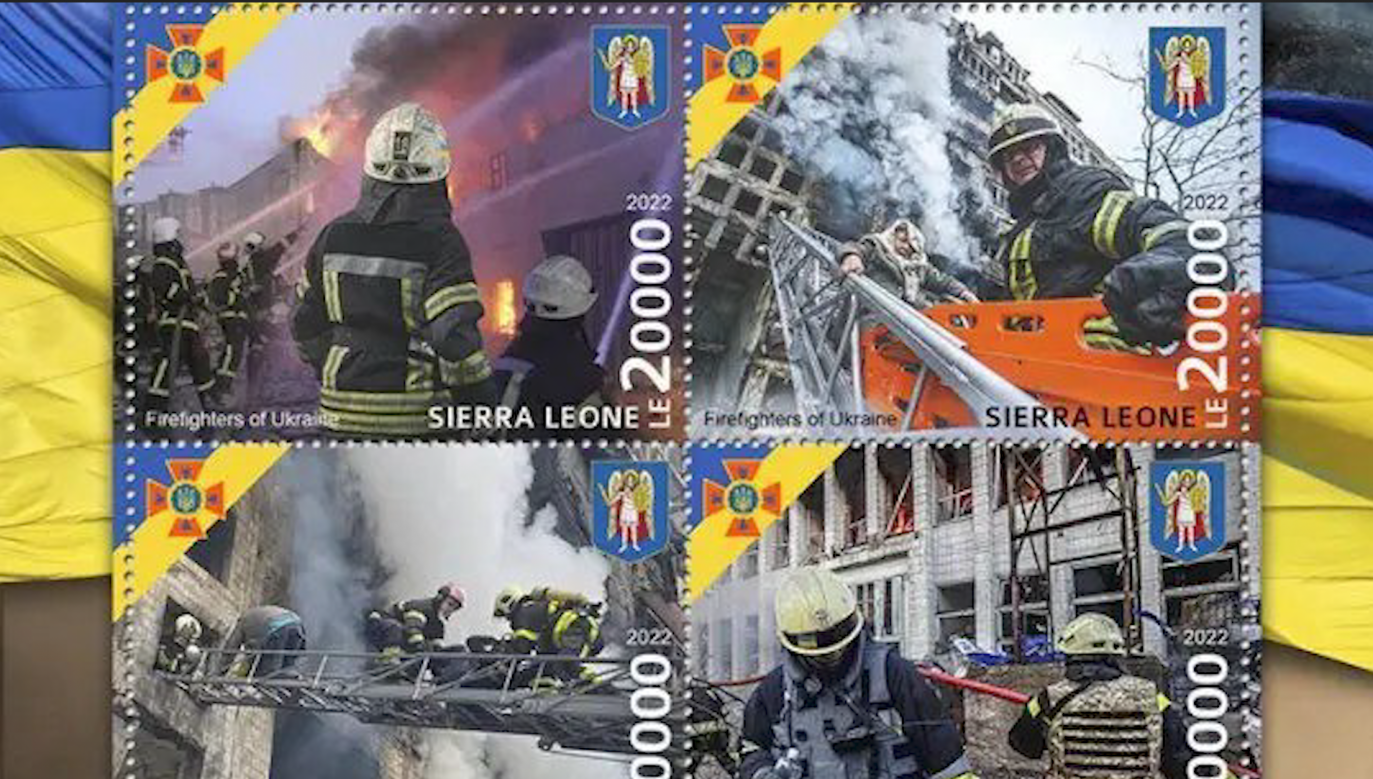 Specjalne znaczki w hołdzie ukraińskim strażakom zostały wydane przez pocztę w Sierra Leone (fot. bomarka.com)