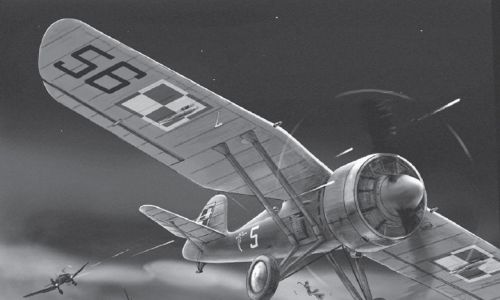 Kilka chwil wcześniej kpt. Medwecki został zabity przez pilota Stuki Franka Neuberta. Władek zdołał umknąć ścigającemu go Ju 87 tuż nad wierzchołkami drzew. Autor ilustracji: John D. Bindon.