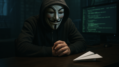Хакер у масцы Гая Фокса глядзіць на папяровы самалёцік – сімвал Telegram