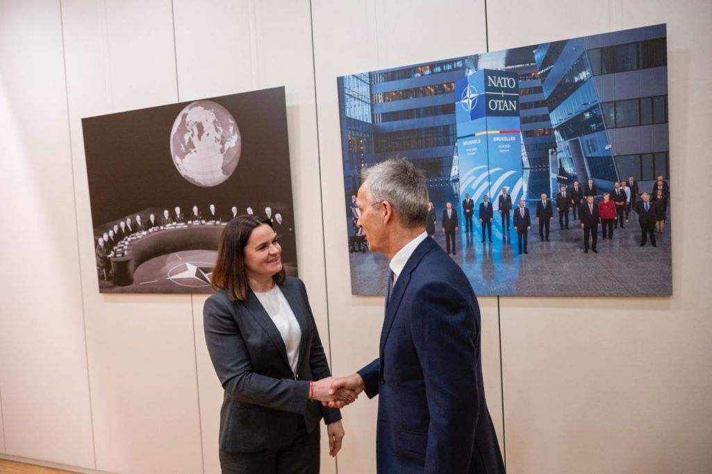 Святлана Ціханоўская і генеральны сакратар NATO Енс Стольтэнбэрг. (Фота: Светлана Тихановская / Telegram)