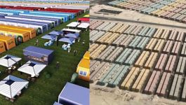 Wersja wyidealizowana i rzeczywista wioski kibiców na MŚ 2022 (Fot. qatar2022.qa/Bloomberg)