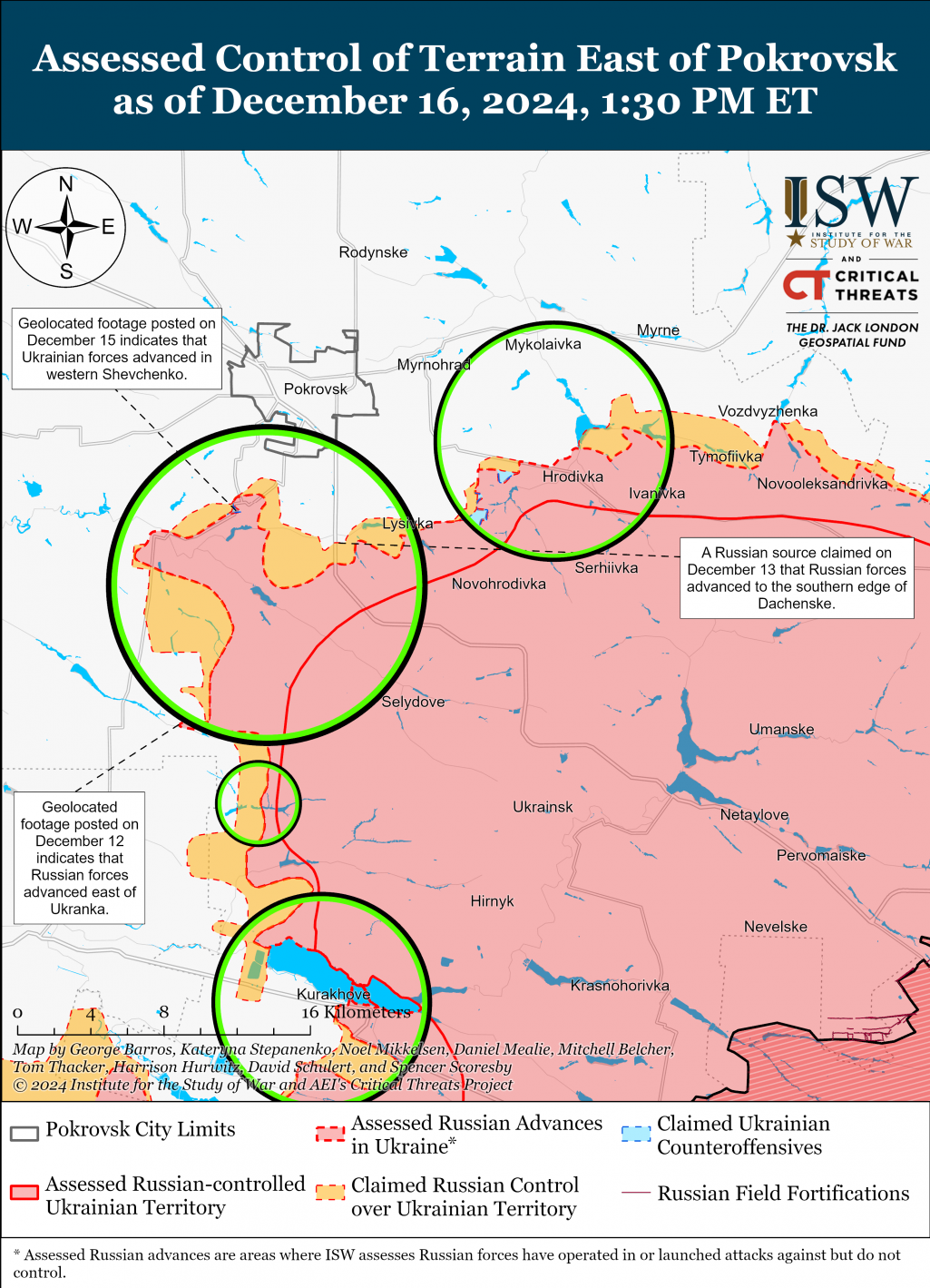 Мапа баявых дзеянняў пад Пакроўскам. 16 снежня 2024 года. Выява: Understandingwar.org