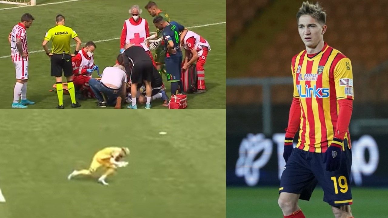 Bramkarz Vicenzy, Nikita Contini został trafiony petardą. W 83. minucie na boisku pojawił się Marcin Listkowski (fot. YouTube/Twitter)
