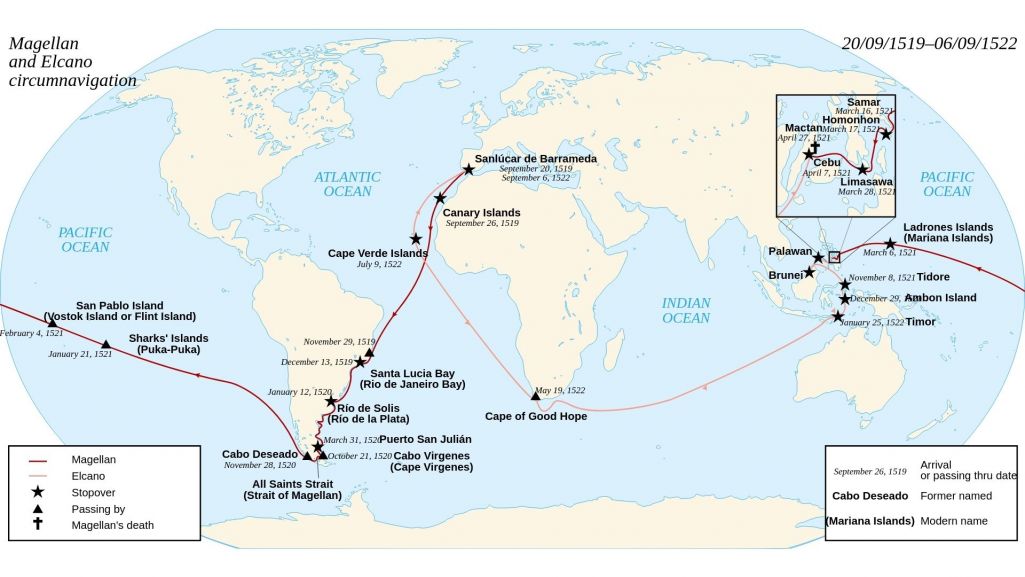 Mapa pokazująca podróż Magellana i Elcano (fot. wikimedia/ Sémhur)