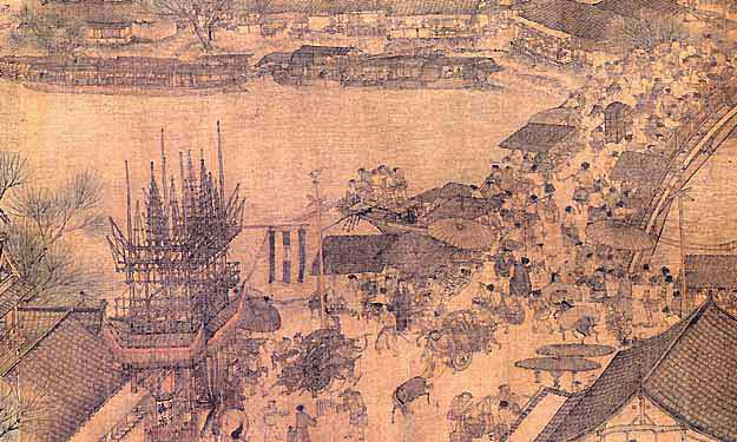 „Widok wzdłuż rzeki podczas święta Qingming” Zhang Zeduana powstał u schyłku panowania w chinach dynastii Song, czyli w XII wieku. Na zdjęciu detal przedstawiający łódź zmierzającą w kierunku mostu. Fot. http://depts.washington.edu/chinaciv/painting/4ptgqmsh.htm, Fu Xinian, ed. Zhongguo meishu quanji, Liang Song huihua, shang (Series Vol. 3), pl. 51, pp. 128-137. Zbiory Muzeum Pałacowego w Pekinie, Domena publiczna, https://commons.wikimedia.org/w/index.php?curid=3507810