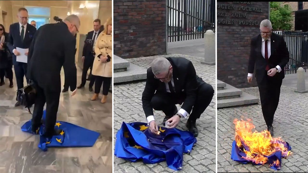 Skandal z udziałem Grzegorza Brauna. Wytarł buty flagą UE i ją podpalił