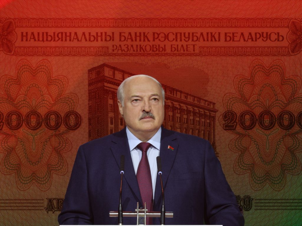 Аляксандр Лукашэнка і купюра ў 20 тысяч рублёў з выявай будынку Нацбанку. (Калаж: Nbrb.by / president.gov.by / Белсат)