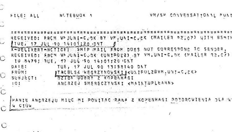 Treść pierwszego polskiego maila (fot. kalendarium.icm.edu.pl)