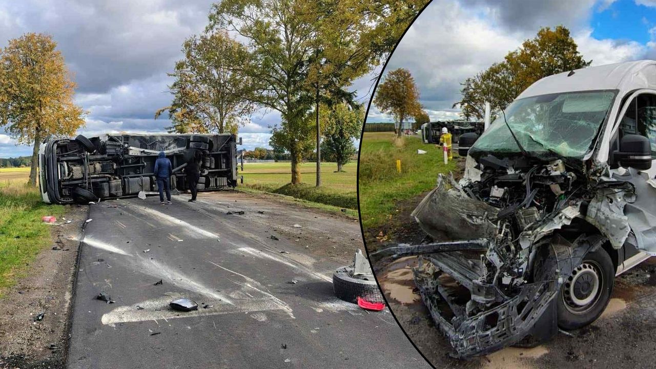 Czołowe zderzenie, ciężarówka na boku. Groźny wypadek zablokował drogę