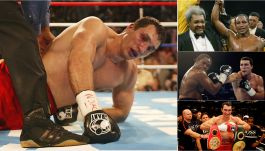 Władimir Kliczko na deskach (L). Z prawej strony u góry Lamon Brewster i Don King (fot. Getty)