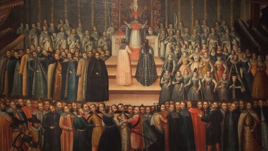 Zaręczyny per procura Maryny Mniszchówny z Dymitrem Samozwańcem w Krakowie, listopad 1605 roku. Cara reprezentował jego poseł Afanasij Własjew. Obraz Szymona Boguszowicza z początku XVII wieku ze zbiorów Państwowego Muzeum Historycznego w Moskwie. Fot. Fine Art Images/Heritage Images/Getty Images
