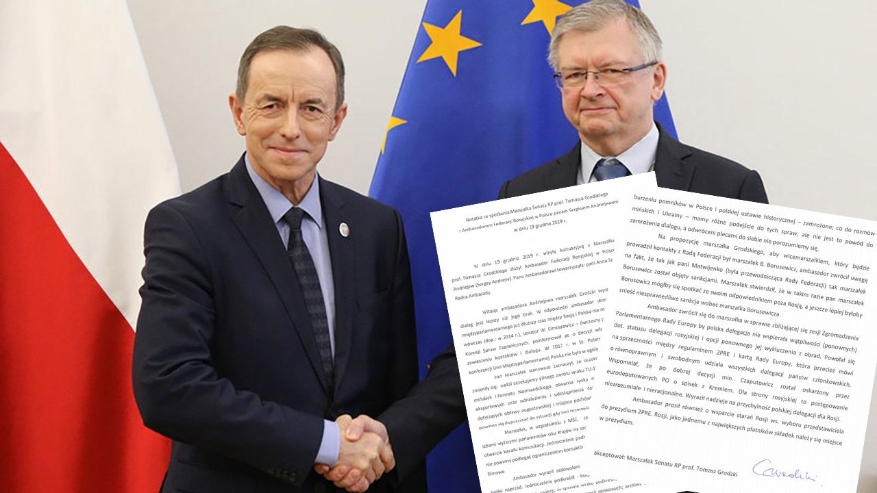 Do spotkania marszałka Senatu Tomasza Grodzkiego z ambasadorem Siergiejem Andriejewem doszło 19 grudnia (fot. tt/@PolskiSenat) Do spotkania marszałka Senatu Tomasza Grodzkiego z ambasadorem Siergiejem Andriejewem doszło 19 grudnia (fot. tt/@PolskiSenat)