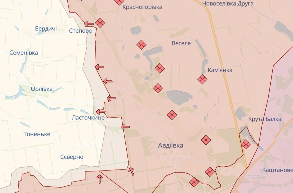 Сітуацыя на Аўдзееўскім кірунку, Украіна. 20 лютага 2024 года. Мапа: deepstatemap.live