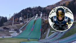 Skocznie olimpijskie w Predazzo (fot. PAP/Sylwia Wysocka) i Alex Insam z Włoch (fot. Getty Images) Na zdjęciu kompleks skoczni olimpijskich w Predazzo, otoczony gęstym lasem i górskim krajobrazem. Maty na zeskokach, śnieżarki gotowe do pracy i puste miejsca dla kibiców przypominają o przygotowaniach, które nie doczekają się realizacji. W prawym rogu ujęcia widzimy Alexa Insama uchwyconego w fazie odbicia – symbol sportowej pasji, która tym razem nie znajdzie ujścia. Mistrzostwa, które miały odbyć się w grudniu, zostały odwołane, pozostawiając po sobie ciszę i niedosyt (fot. PAP/Sylwia Wysocka/Getty)